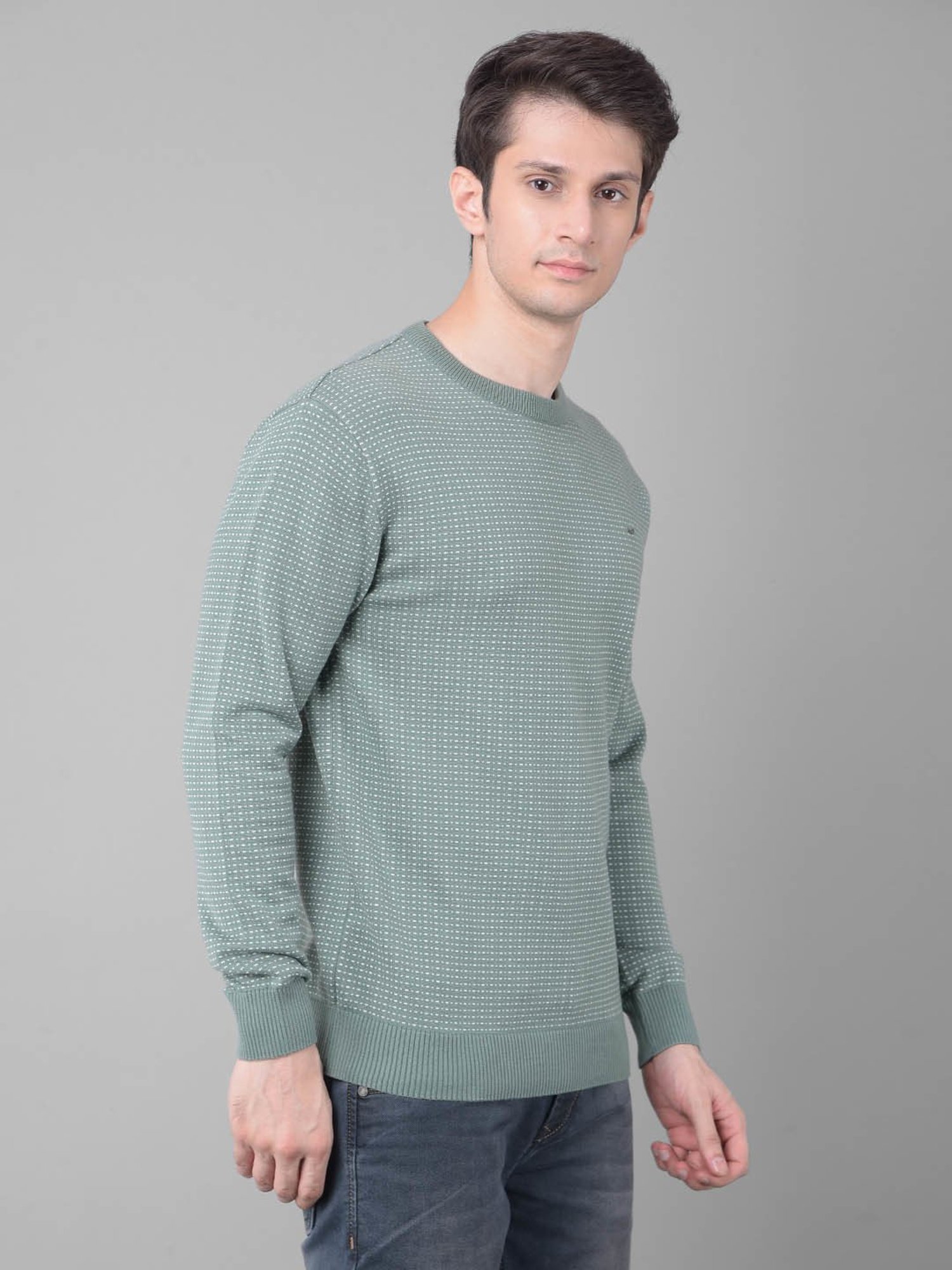 Crimsoune Club Green Cotton Regular Fit Self Pattern Sweater