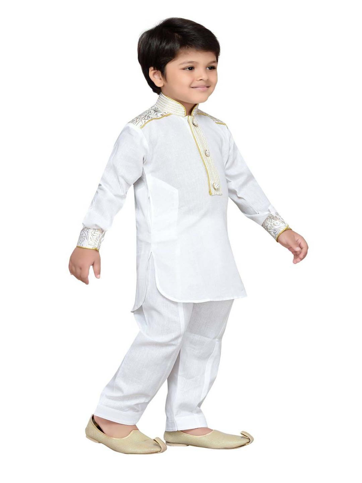 AJ Dezines Kids White Cotton Embroidered Full Sleeves Kurta Set