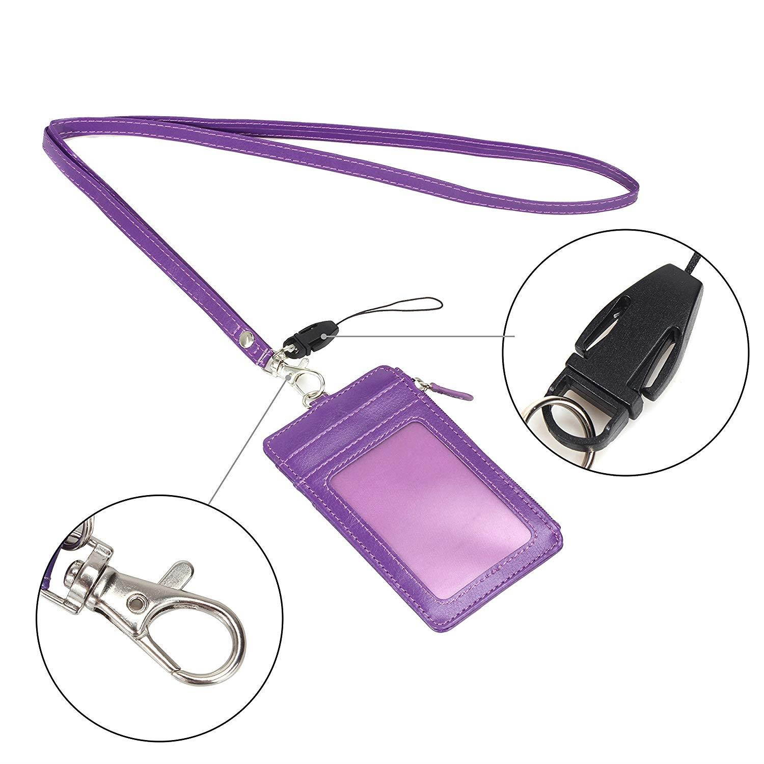 Badge Holder with Zip, Wisdompro 2-Sided PU Leather ID Badge Holder Wallet Case with 1 ID Window, 4 Card Slots, 1 Side Zipper Pocket and 1 piece 20" PU Neck Lanyard/Strap - Purple (Vertical)