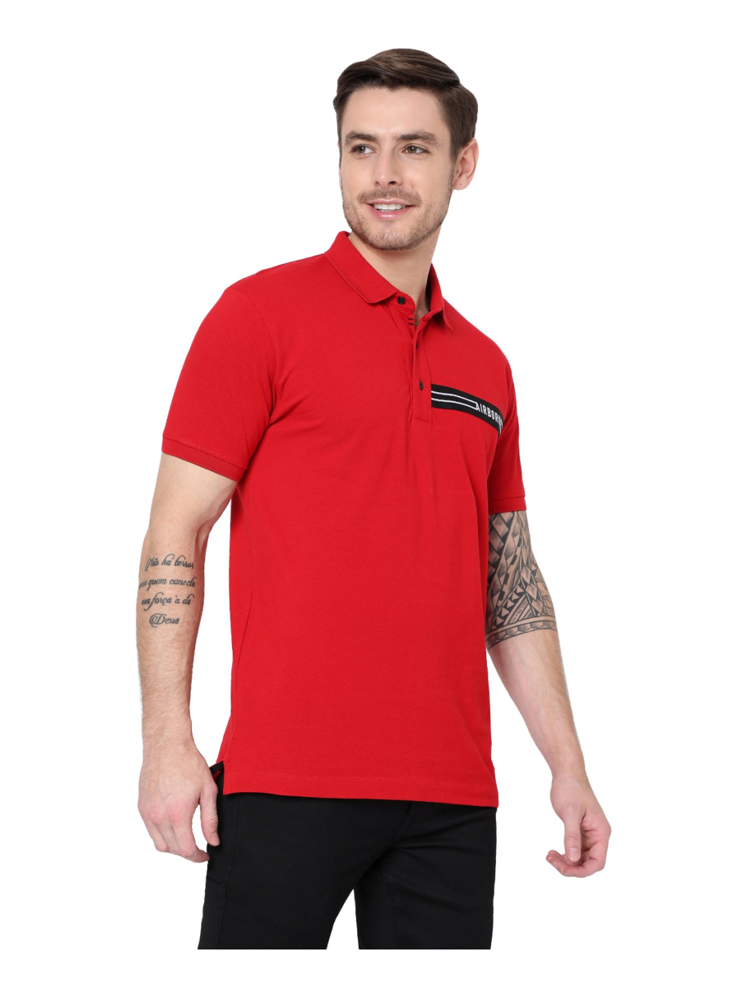 Mufti Red Cotton Slim Fit Self Pattern Polo T-Shirt