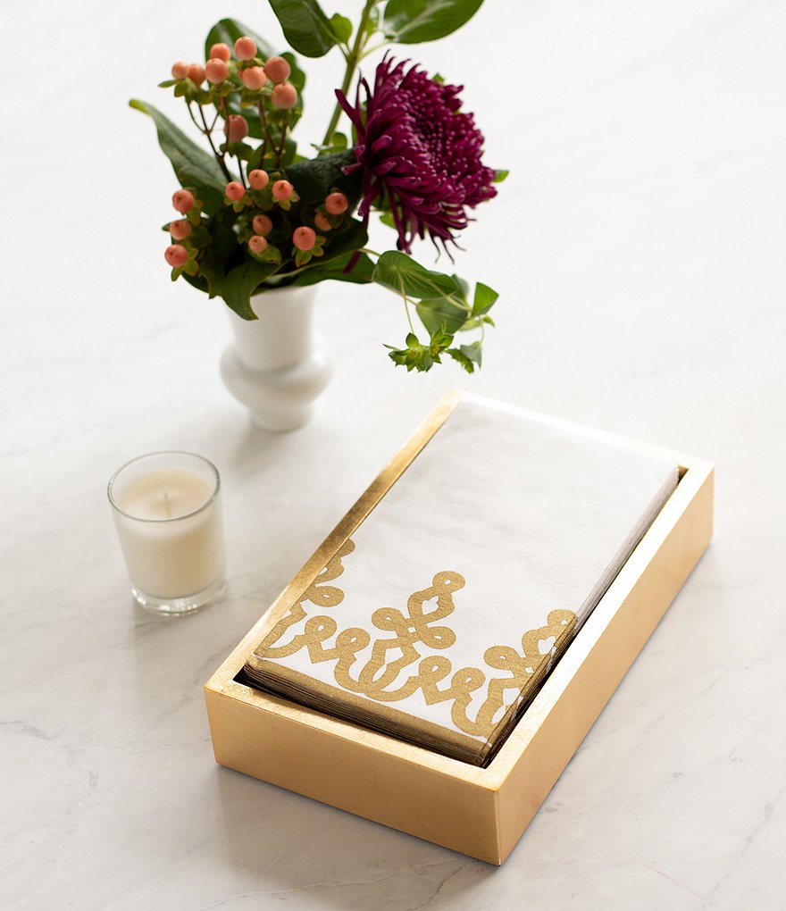 Caspari Desin Passementerie Linen Paper Guest Towel & Gold Lacquer Holder Set