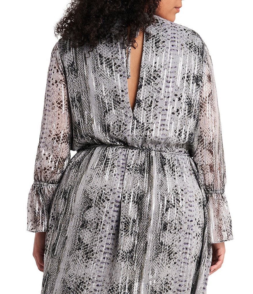 1. STATE Plus Size Crew Neck Long Sleeve Metallic Snakeskin Wrap Dress