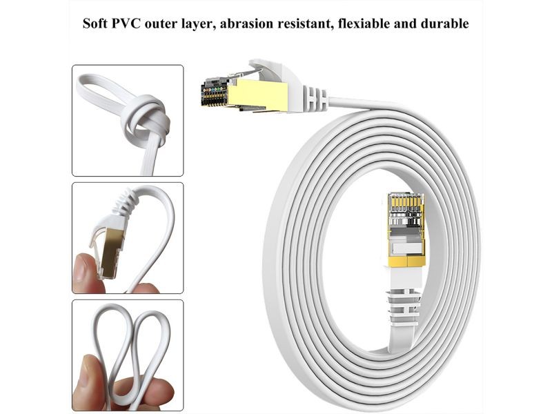 Cat 7 Ethernet Cable 100 ft LAN Cable Internet Network Cord for PS4, Xbox, Router, Modem, Gaming, White Flat Shielded 10 Gigabit RJ45 High Speed Computer Patch Wire.