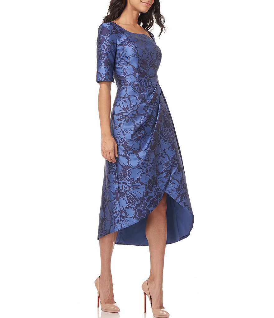 Kay Unger Long Bishop Sleeve V-Neck Crepe A-Line Dress