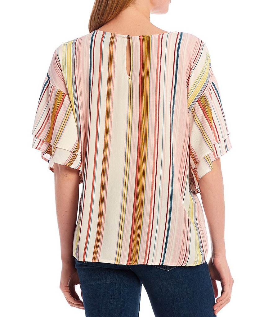 Bobeau Multicolor Stripe Print Double Ruffle Short Sleeve Top