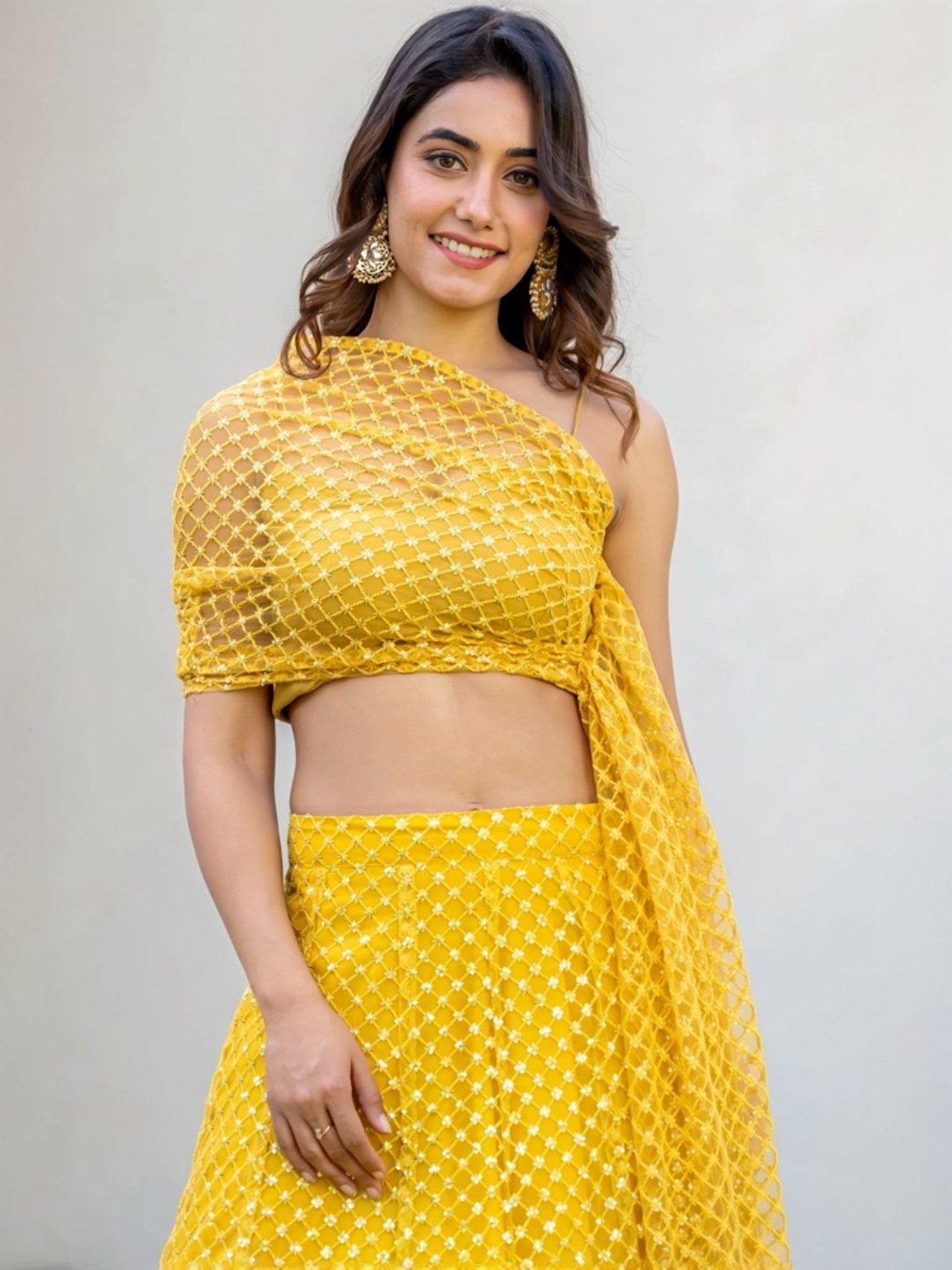 HOUSE OF JAMOTI Yellow Embellished Crop Top Skirt Set