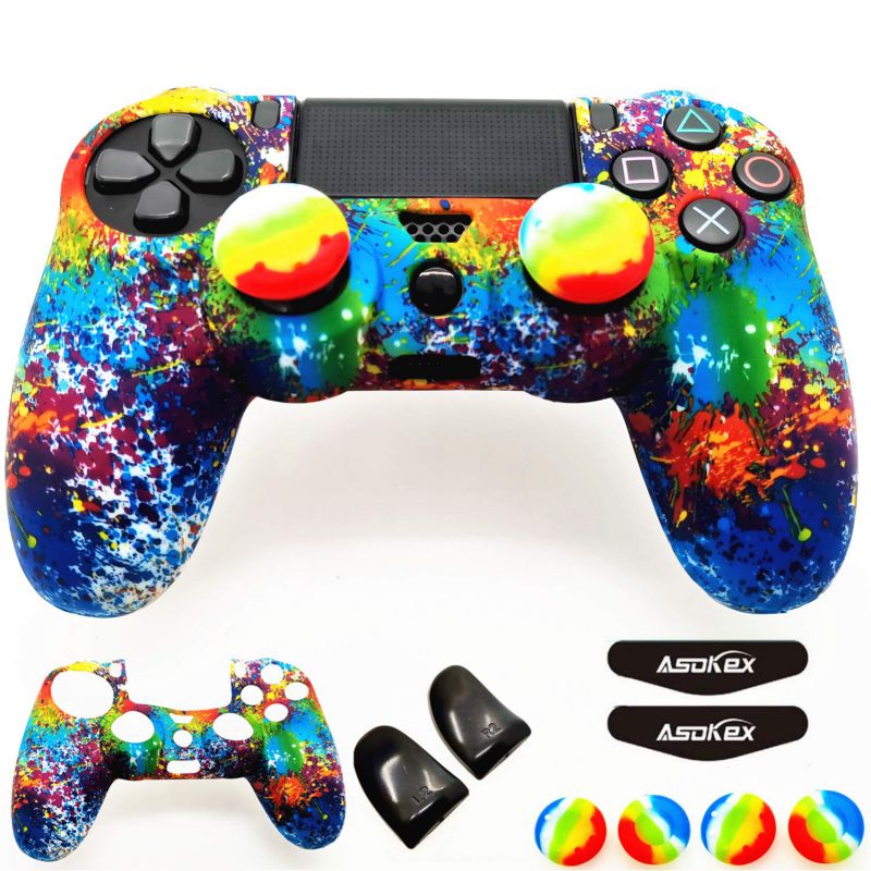 Silicone Skin Cover for Ps4 Controller (1pc Anti-Slip Case, 1 Pair L2 R2 Trigger Extender, 4pcs Thumb Grips,4pcs LED Light Bar Decal) Protector for DualShock PS4/ Slim/Pro Controller