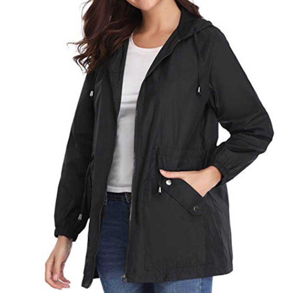 1pc Women Outdoor Hiking Waterproof Raincoat Spring Autumn Pocket Long Sleeve Casual Jackets with Zipper Outwear Coats for Girls Size S(Black)