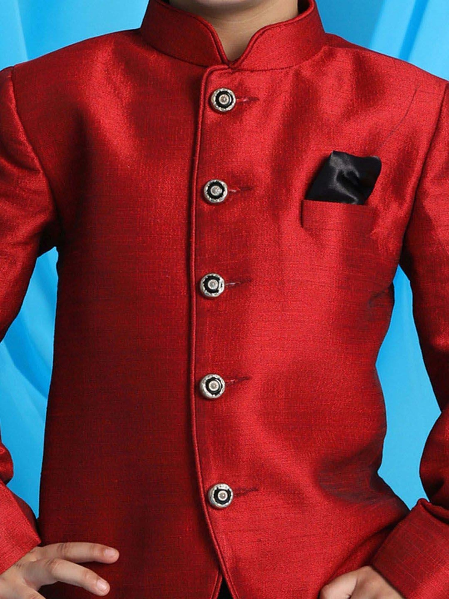 VASTRAMAY Boys Maroon Solid Full Sleeves Indowestern