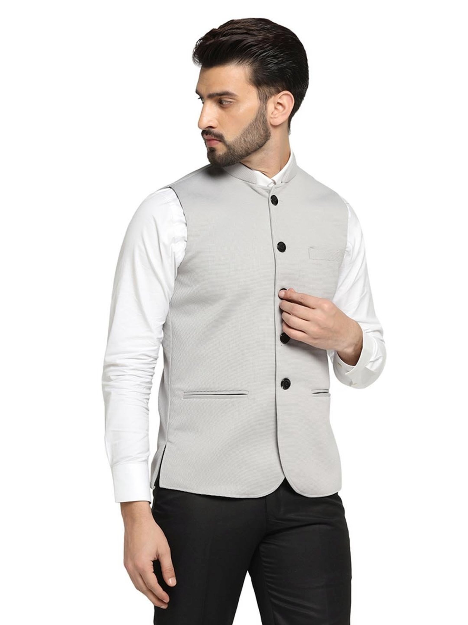 TAHVO Grey Satin Slim Fit Nehru Jacket