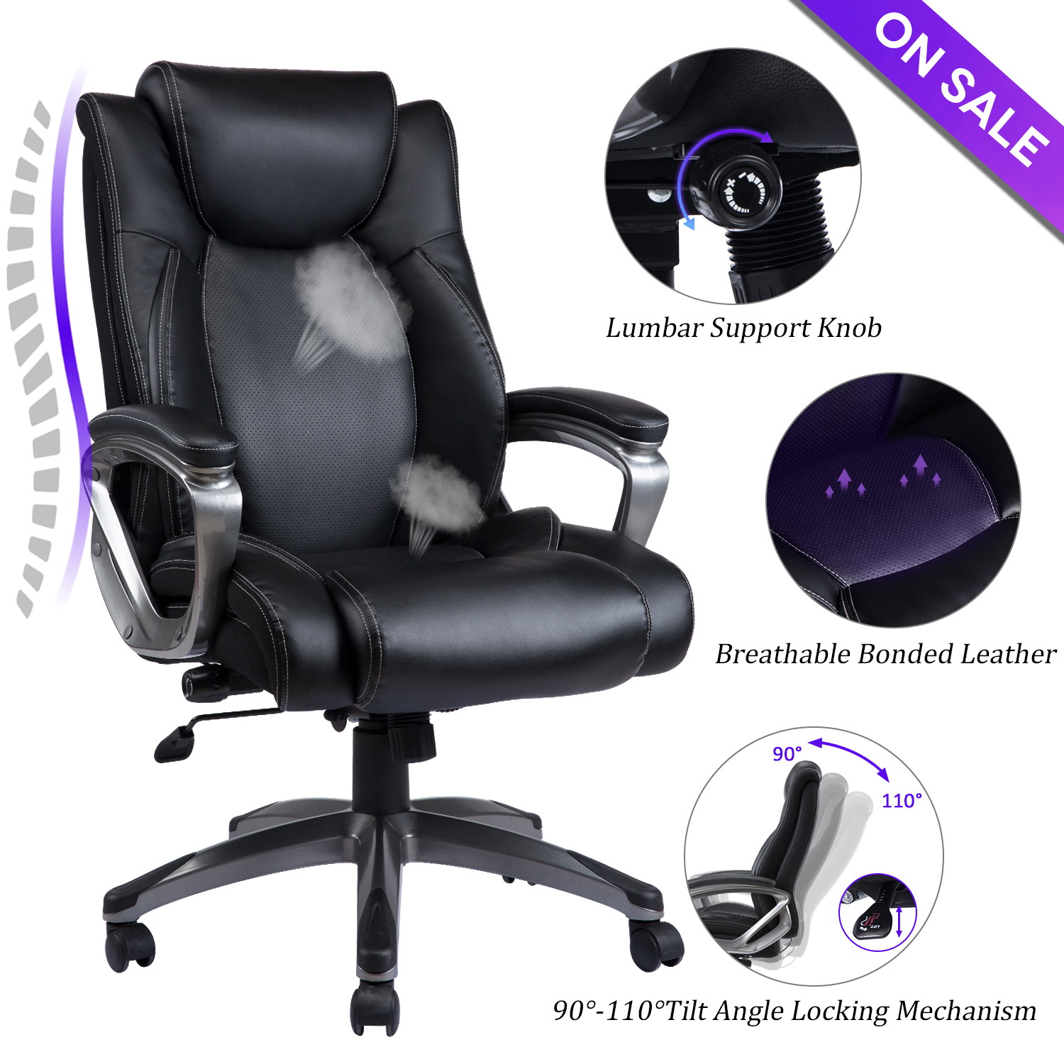 VANBOW Memory Foam Executive Office Chair, Adjustable Lumbar Support Tilt Angle Swivel PU High-Back Computer Task Desk Chair for Office Home