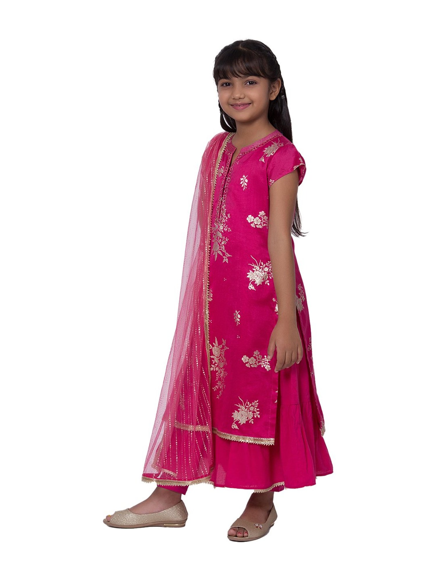 BIBA Girls Pink Printed Anarkali, Inner, Churidar With Dupatta