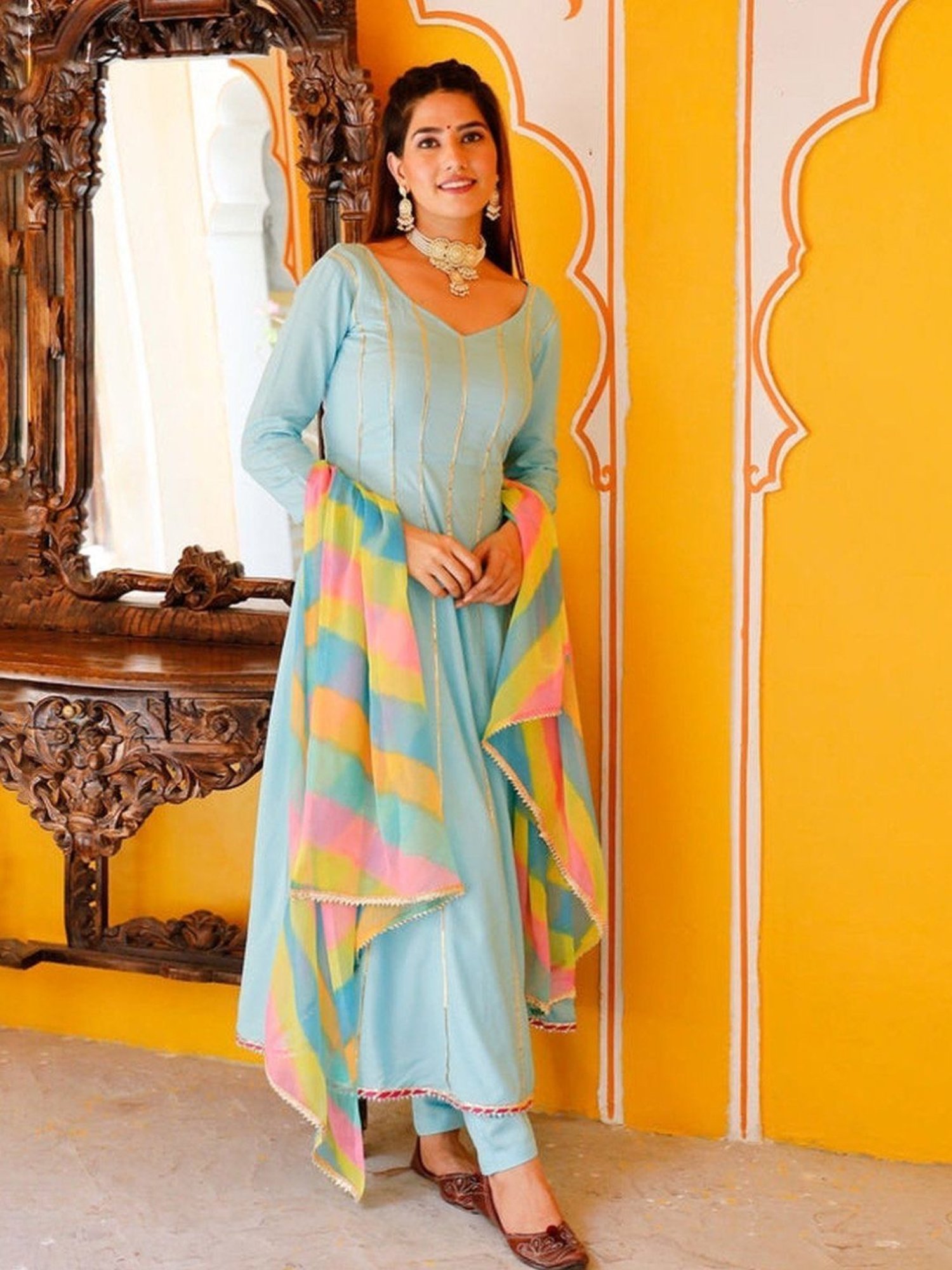 Thread and Button Aqua Blue Heavy Gotta Kurta with Pant and Dupatta