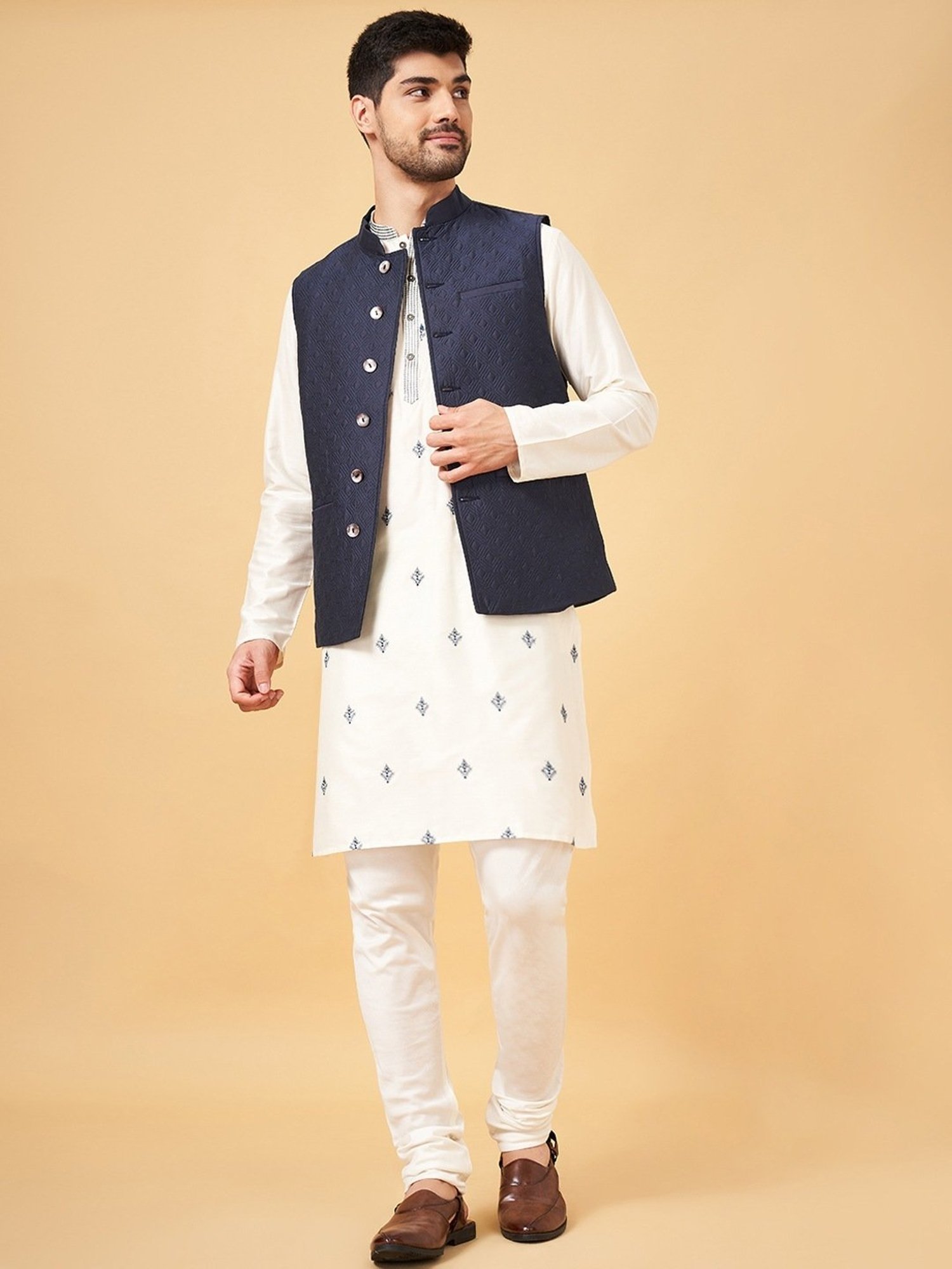 Indus Route By Pantaloons Navy Regular Fit Self Pattern Nehru Jacket