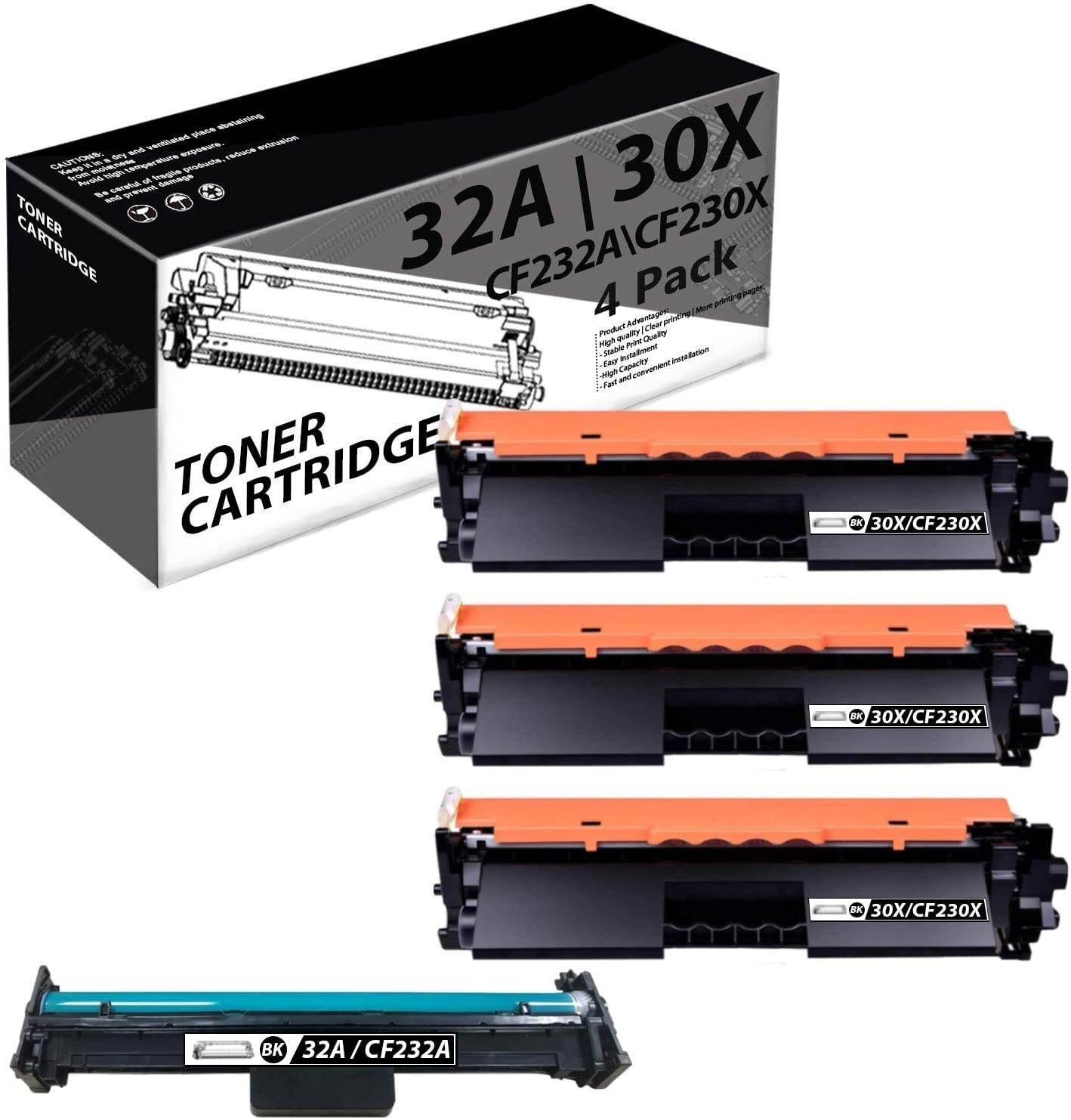 32A | CF232A(1 Pack-Black)+30X | CF230X(3 Pack-Black) Compatible Drum & Toner Cartridge Replacement for HP Laserjet Pro M203dn MFP M227fdw MFP M227fdn Ultra MFP M230sdn Ultra MFP M230fdw Printers.