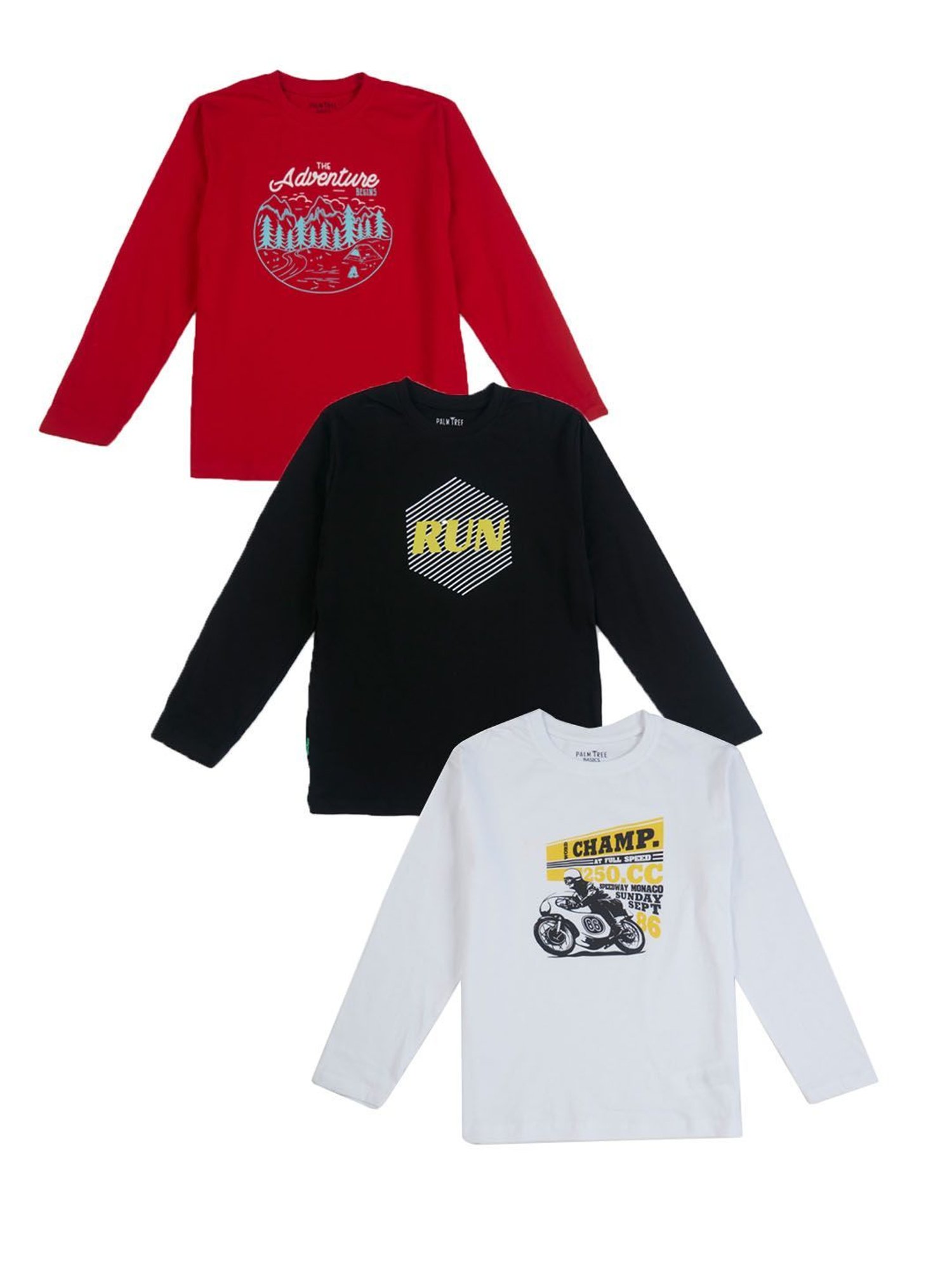 Palm Tree Boys Multicolor Printed Full Sleeves T-Shirt (Pack Of 3)