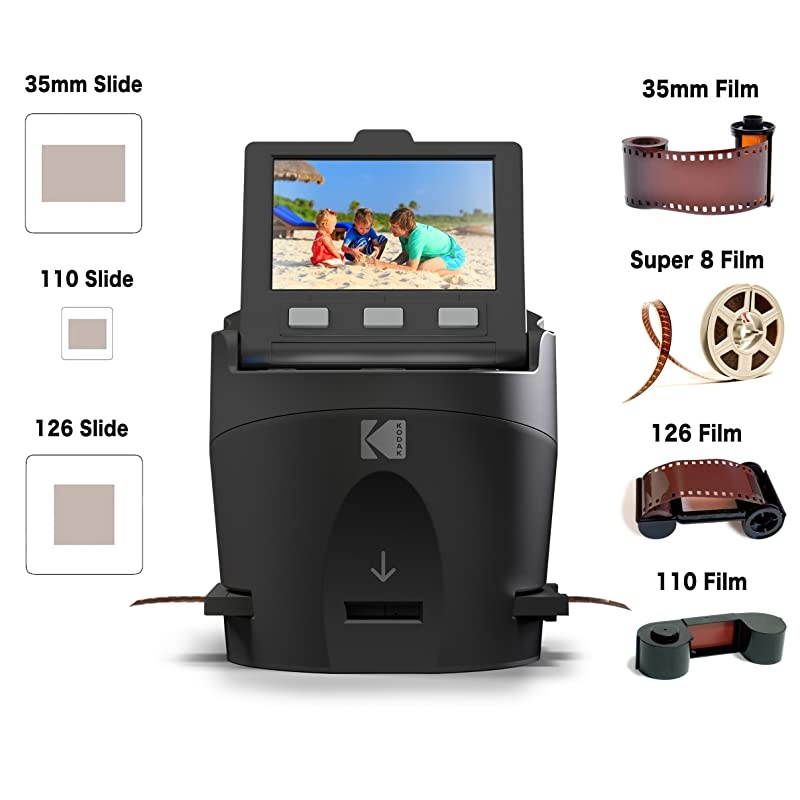 SCANZA Digital Film & Slide Scanner - Converts 35mm, 126, 110, Super 8 & 8mm Film Negatives & Slides to JPEG - Includes Large Tilt-Up 3.5" LCD, Easy-Load Film Inserts, Adapters & More