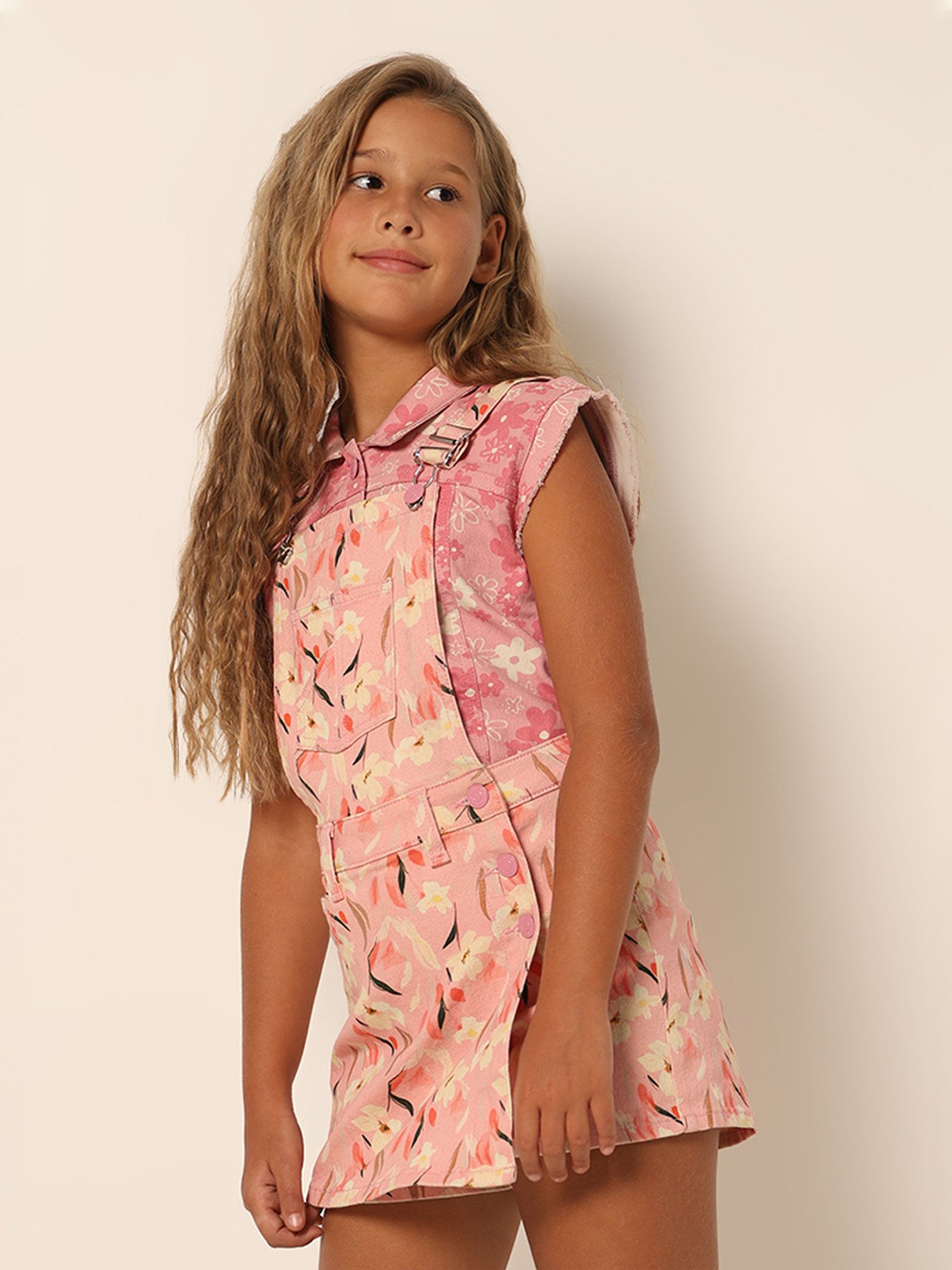 VERO MODA GIRL Pink Floral Print Dungaree Dress