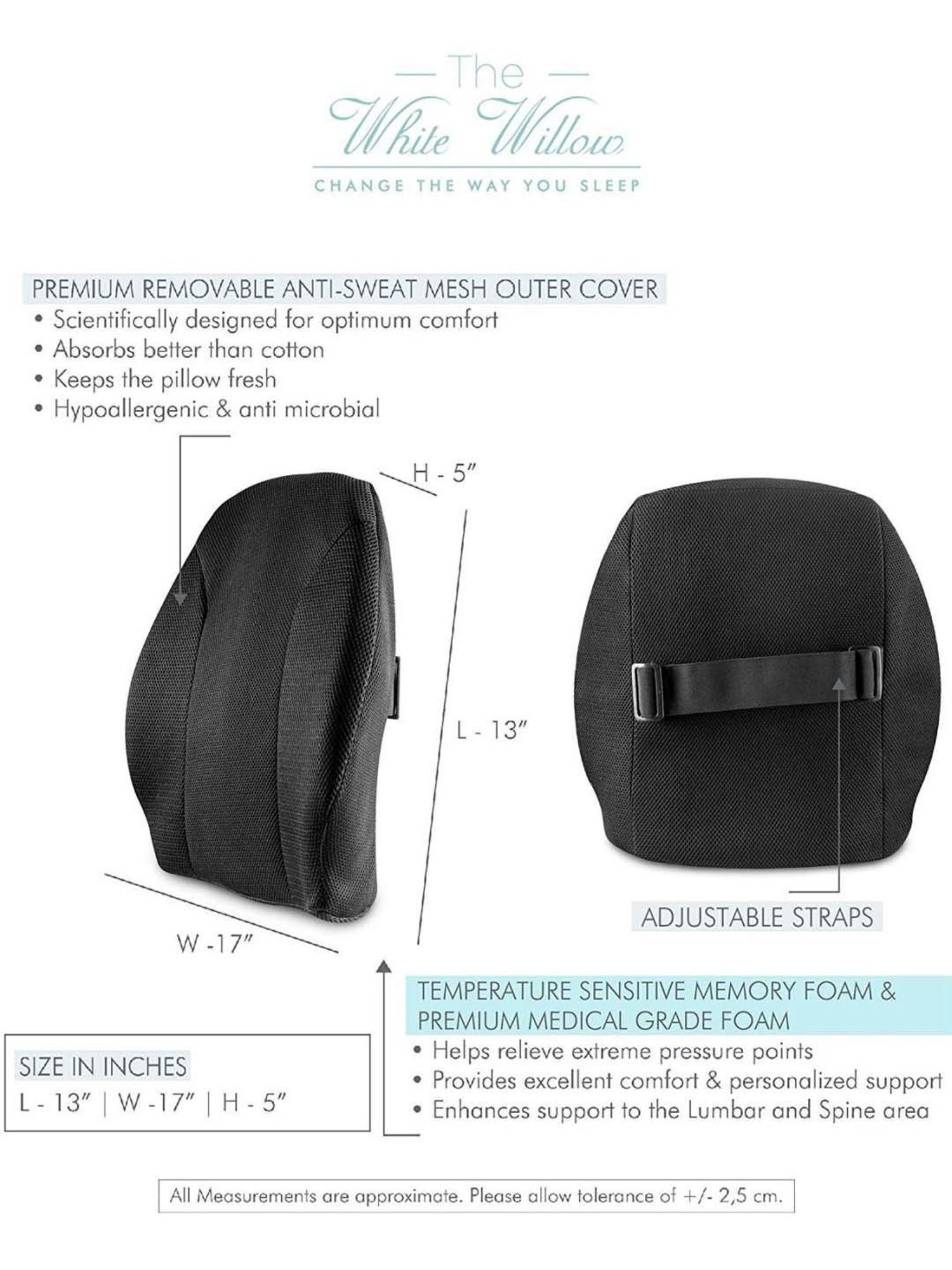 The White Willow Black Back Support Cushion - Set of 1