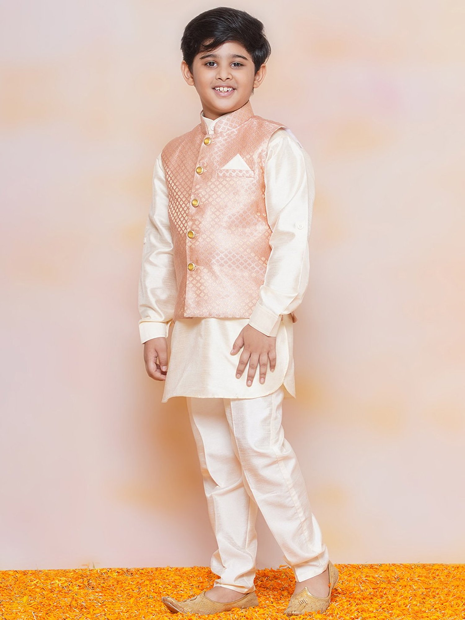 AJ Dezines Kids Peach Printed Full Sleeves Kurta, Pyjamas with Waistcoat