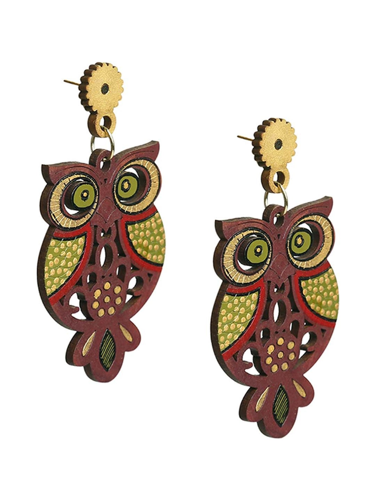 ExclusiveLane 'Symphony of Owls' Brown & Yellow Handpainted Earrings in Recycled Wood