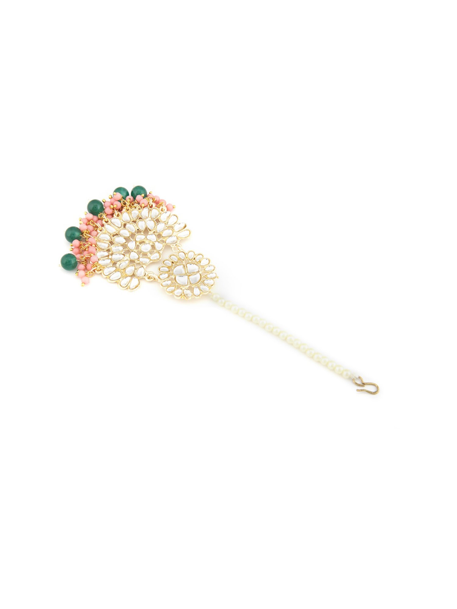 Zaveri Pearls Pink & Green Cluster Beads Drop Bridal Kundan Maangtikka-ZPFK13562