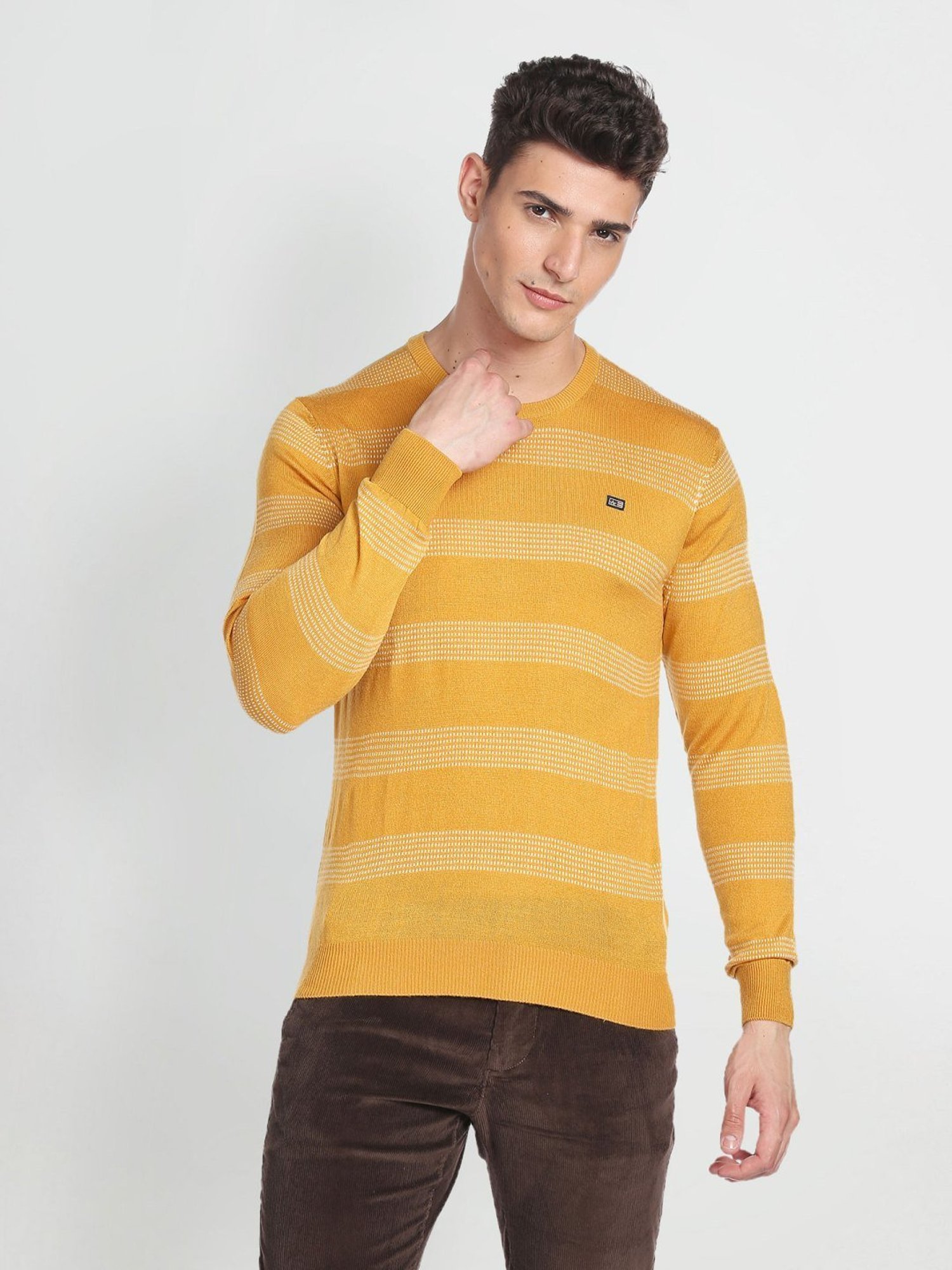 Arrow Sport Yellow Regular Fit Striped Sweater