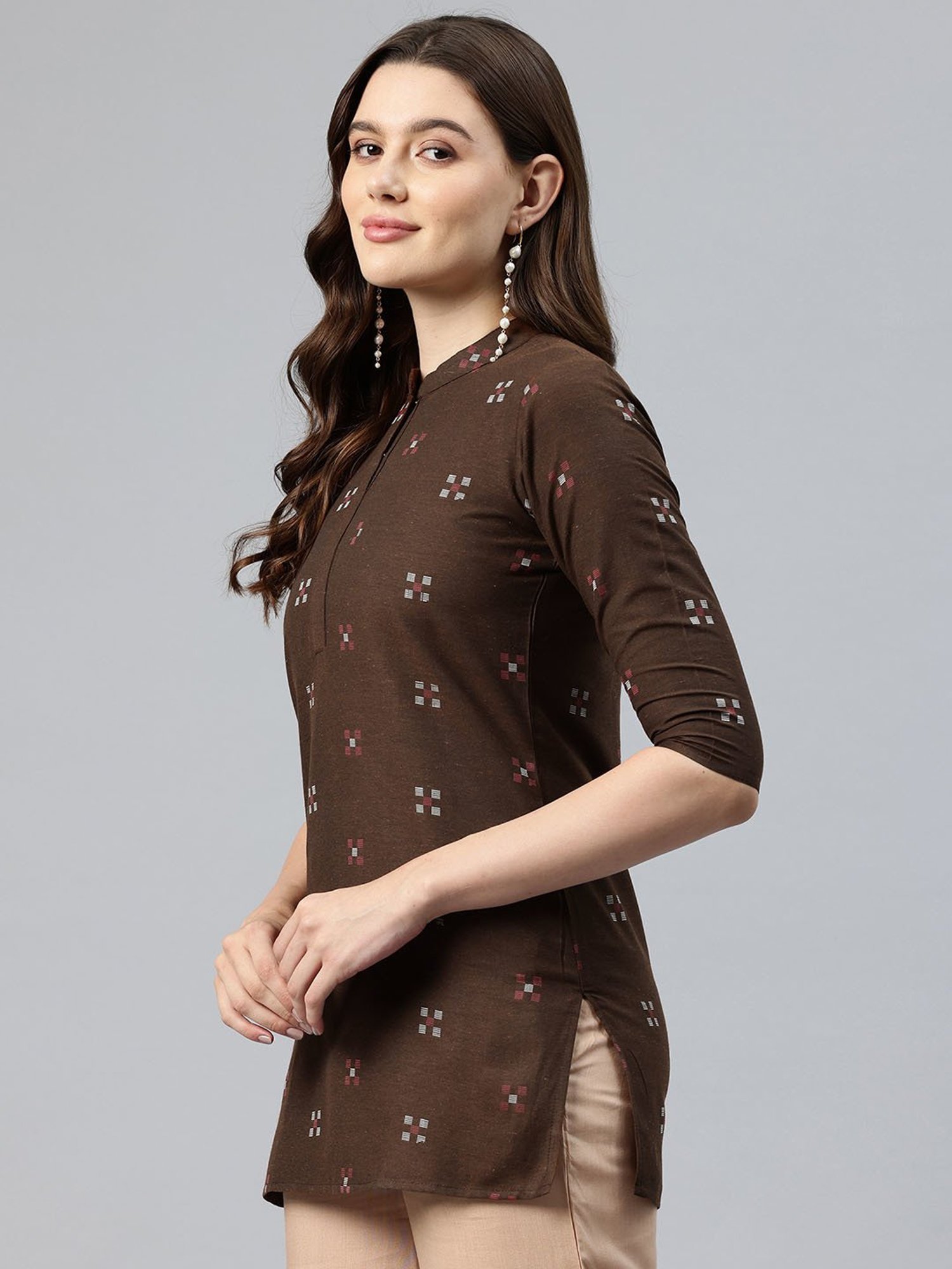 One Femme Brown Cotton Embroidered A Line Kurti