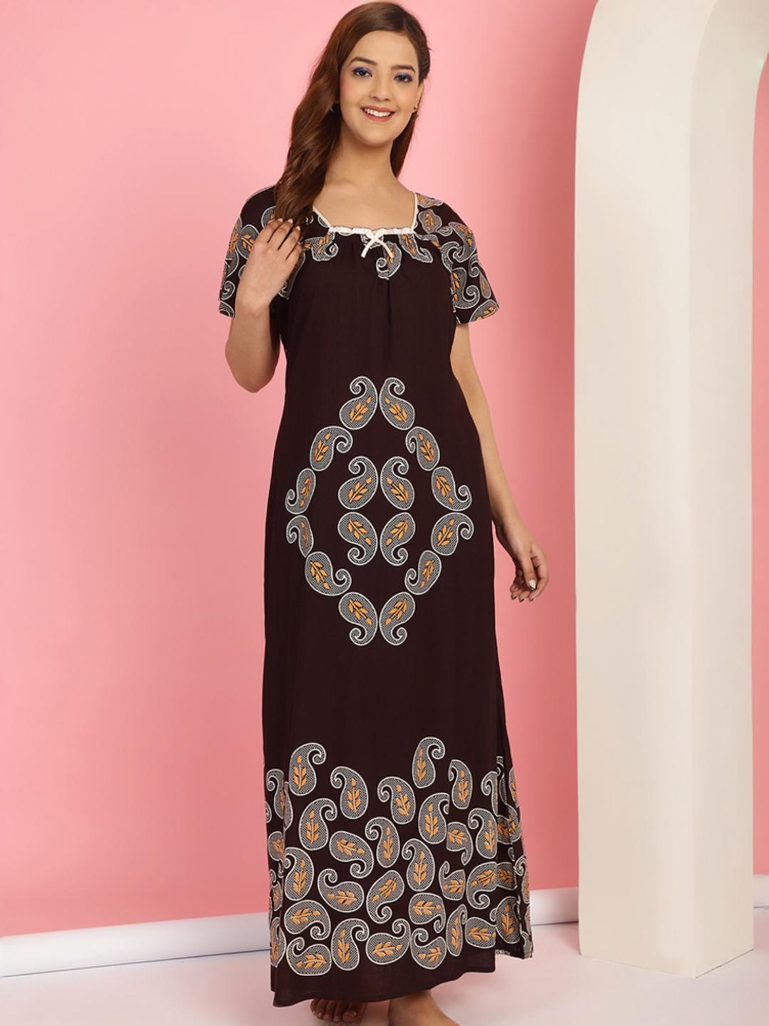 Secret Wish Brown Cotton Printed Maternity Nighty