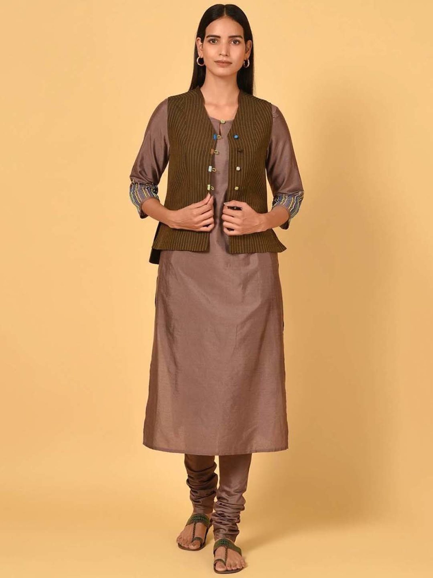 Nuhh Brown Kurta With Churidar & Jacket