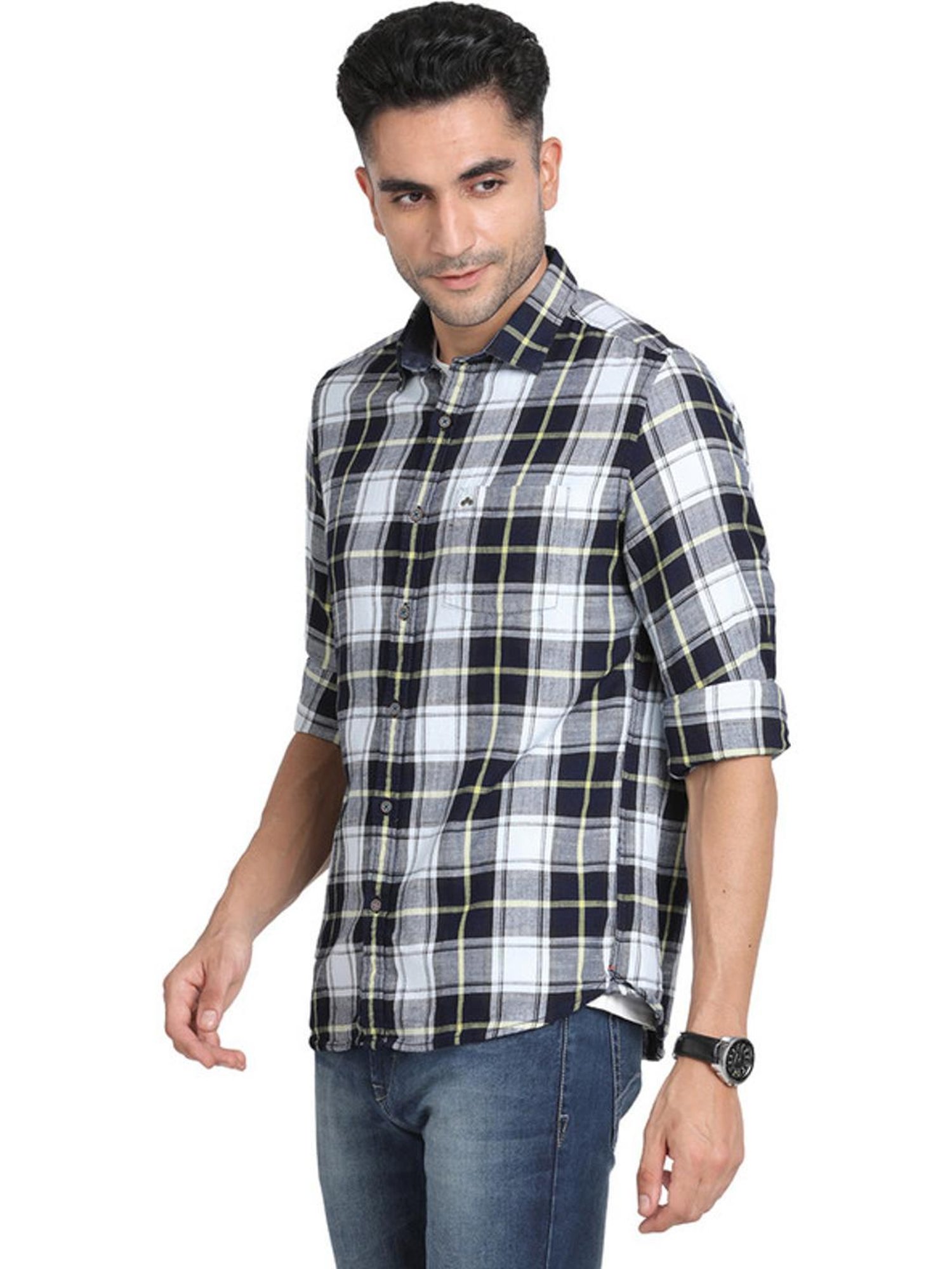 Turtle Black & White Slim Fit Checks Shirts