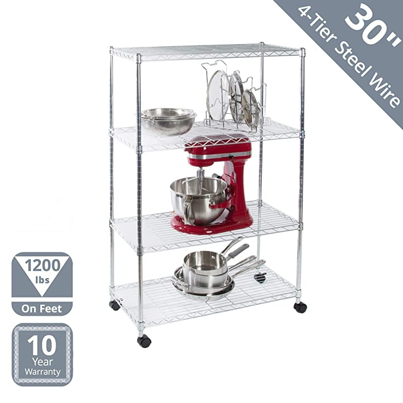 4-Tier Steel Wire Shelving with Wheels, 30" W x 14" D x 48" H, Plated