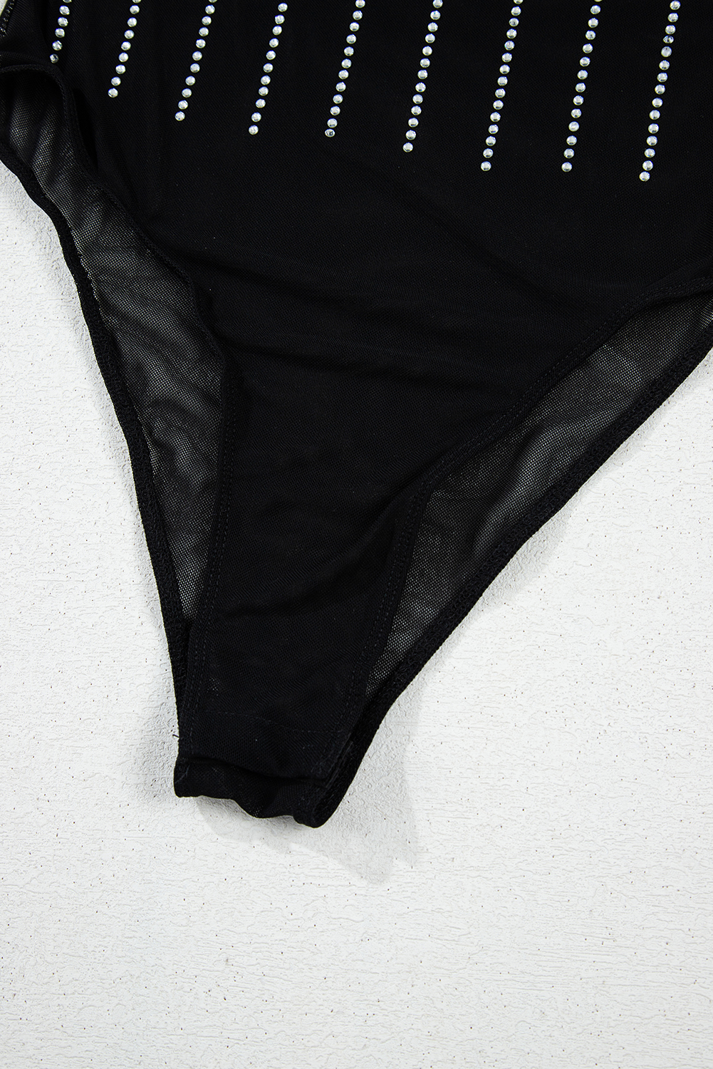 Rose Red Rhinestone Mesh Long Sleeve Bodysuit