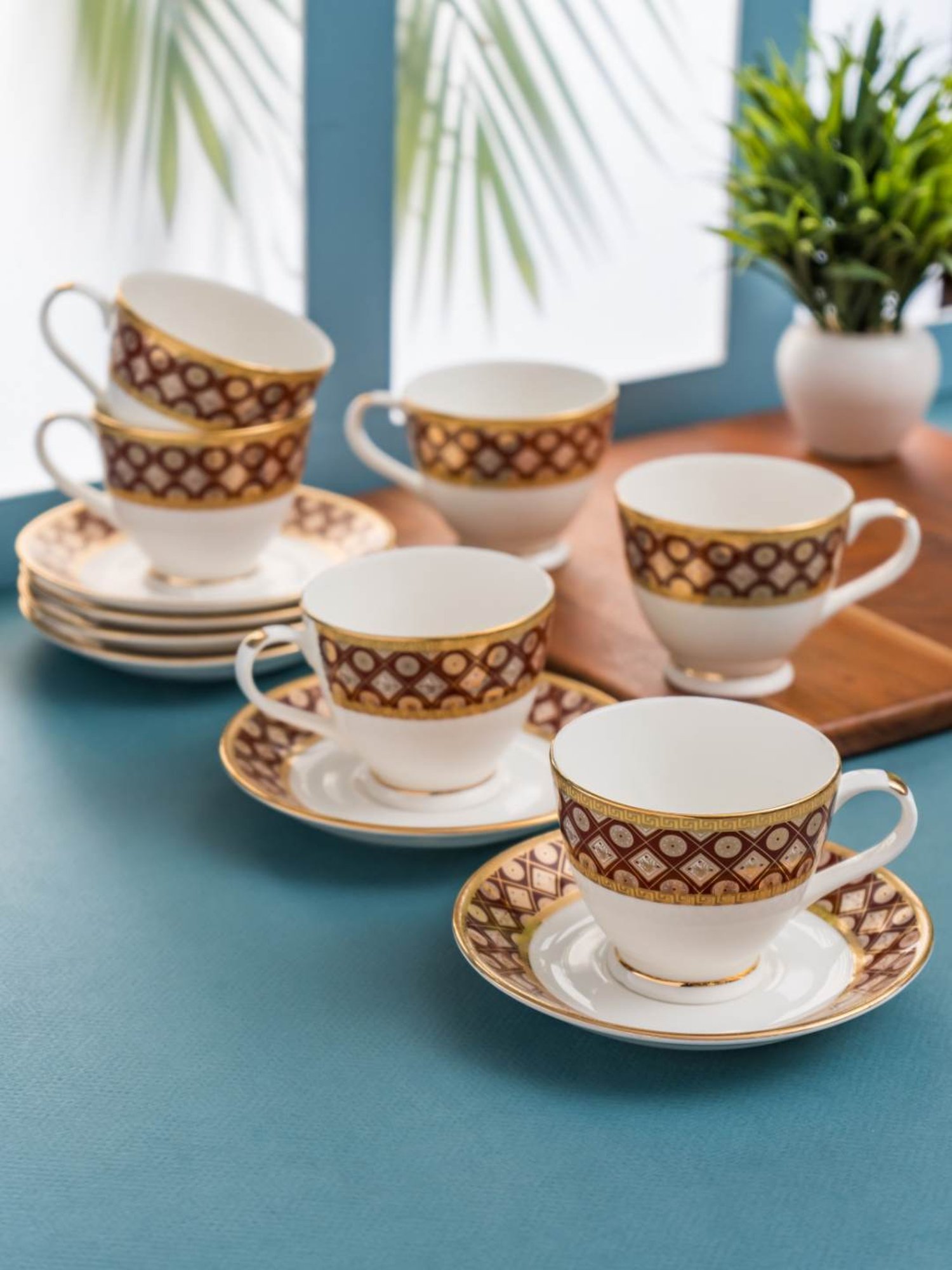 Clay Craft Red Colour Red Line Fine Ceramic Cup Saucer Set of 12 ( 6 Cups + 6 Saucers) - 180 ml each