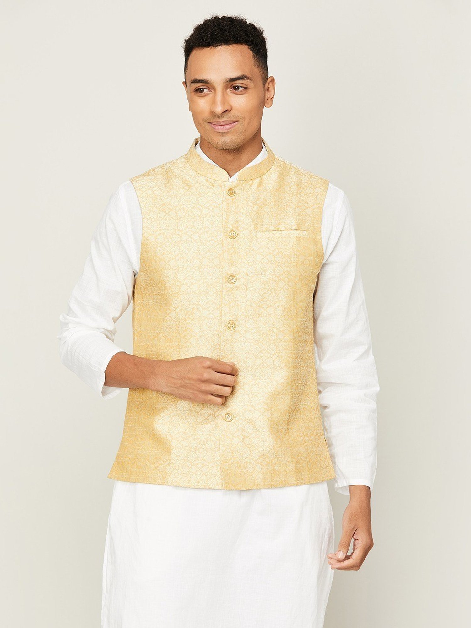 Melange By Lifestyle Beige Cotton Regular Fit Printed Nehru Jacket