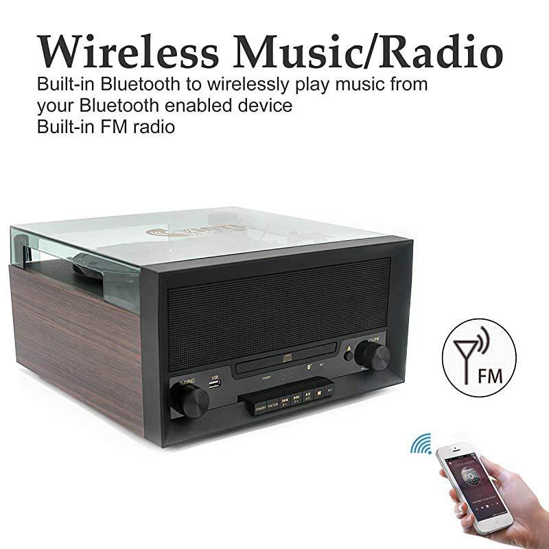 Turntable Music Center with Builtin Stereo SpeakersNostalgic Classic Wood Bluetooth Record Player with USB PlayampEncodingCD Player and FM Radio