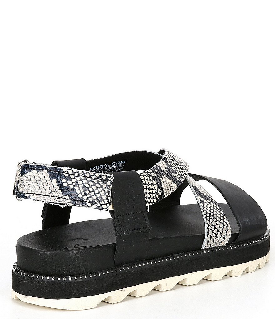 Sorel Roaming Leather Snake Print Criss Cross Sandals