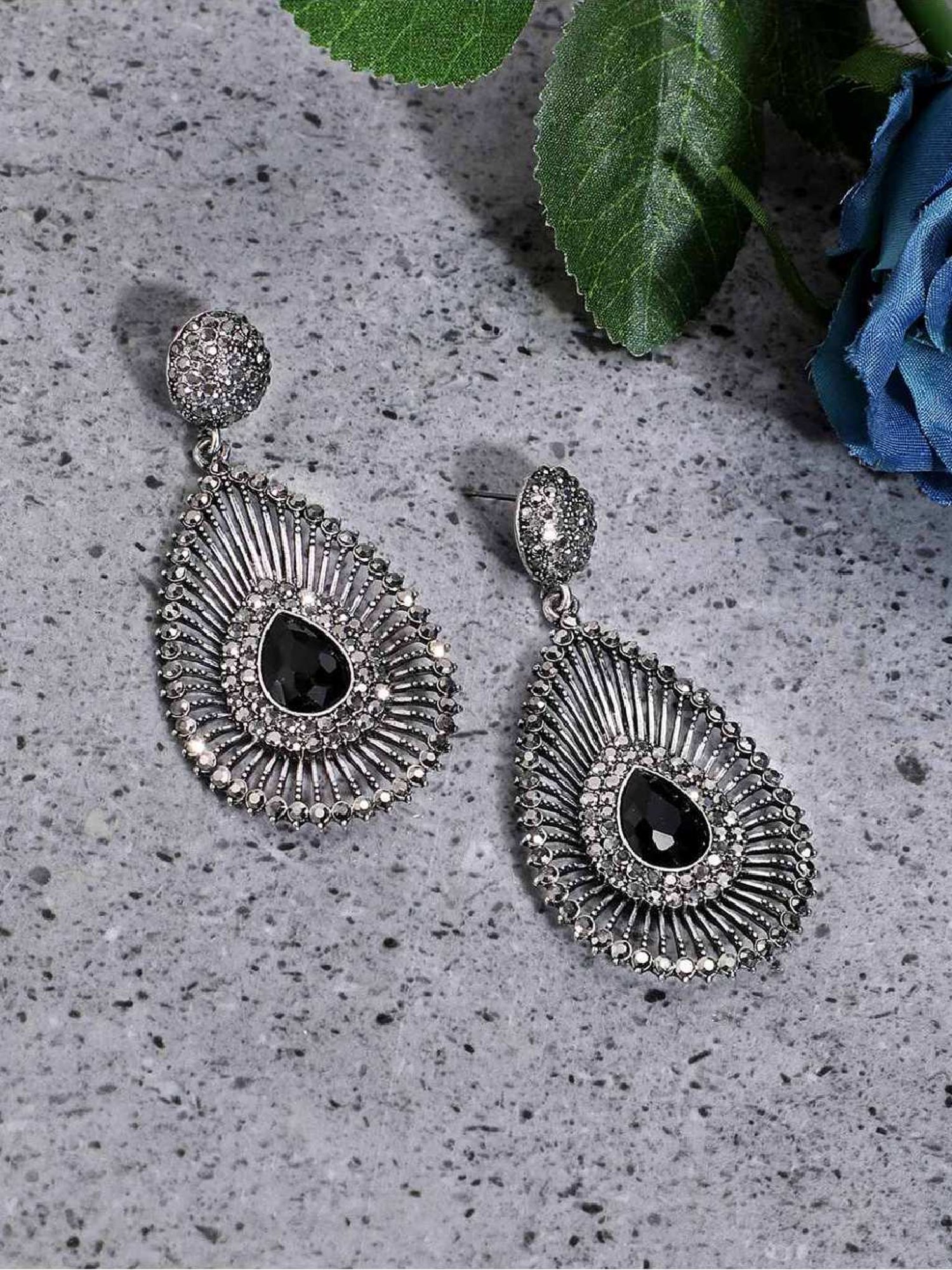 Sohi Women's Stone Lined Teardrop Drop Earrings  Black