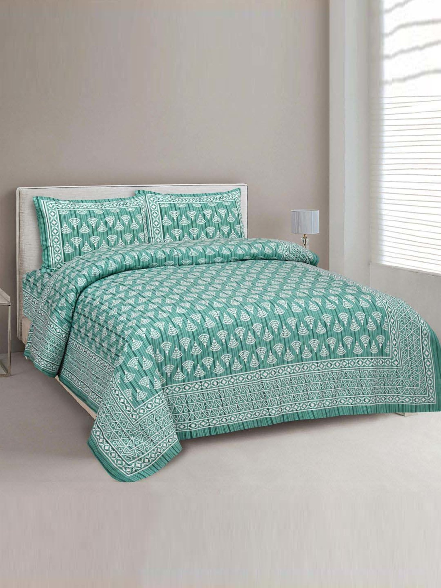 JaipurFabric Mint Green Cotton 180 TC Double Bedsheet with 2 Pillow Covers
