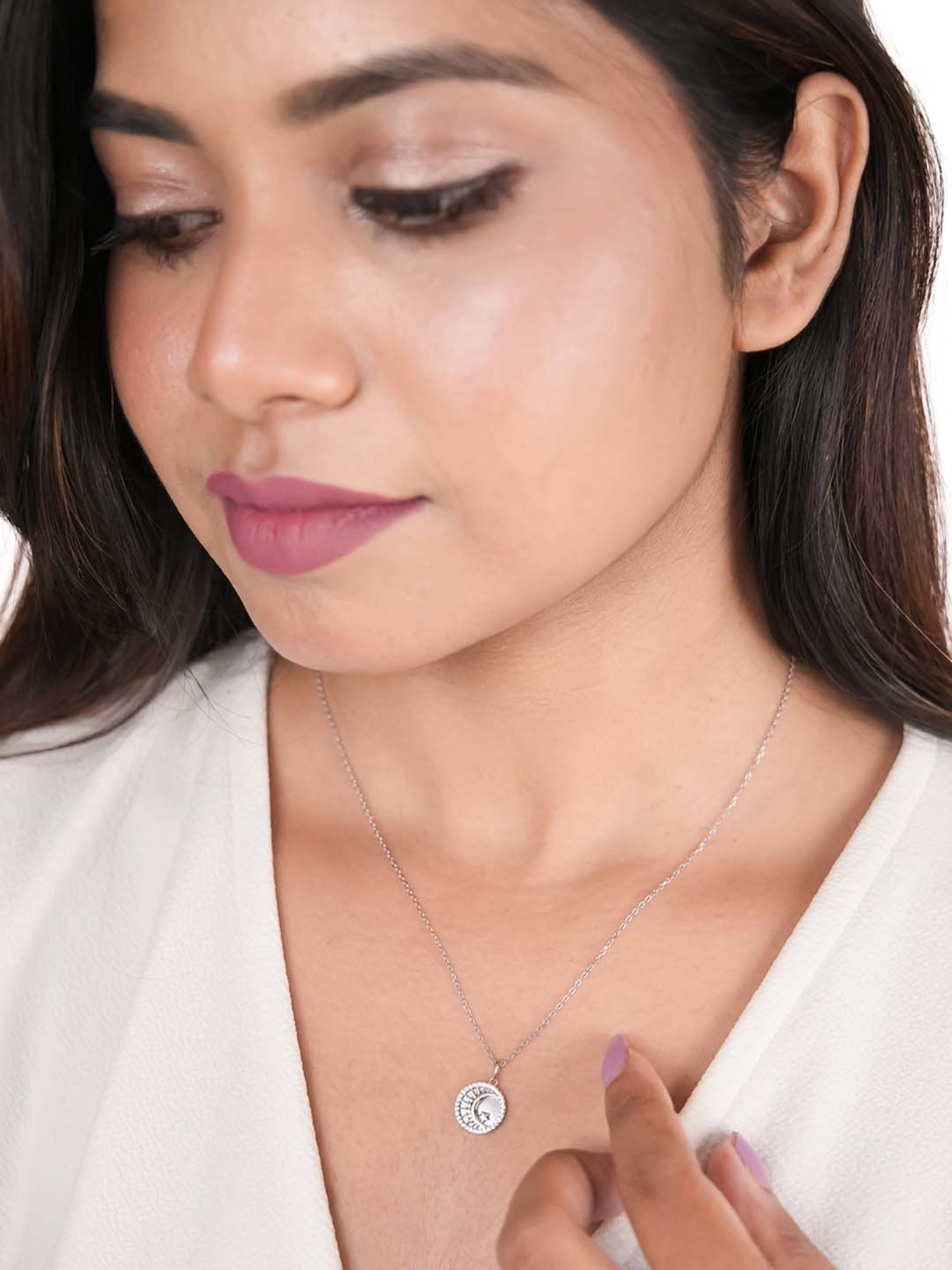 Silberry 925 Sterling Silver Crescent Pendant with Chain for Women