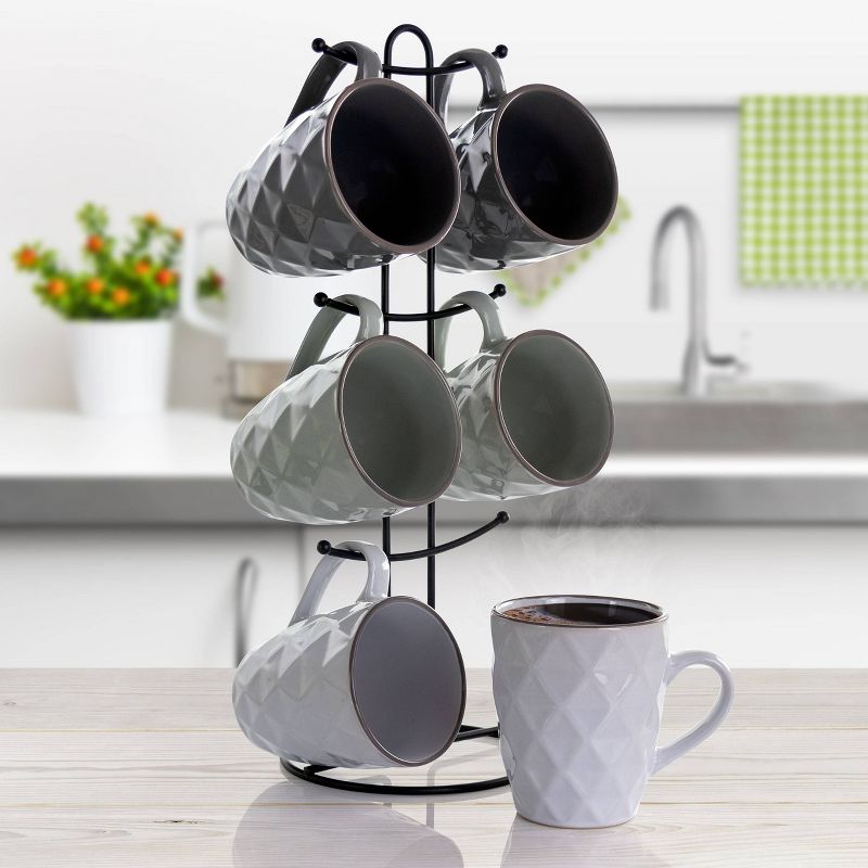 12oz 6pc Porcelain Diamond Waves Assorted Mug Set with Stand - Elama