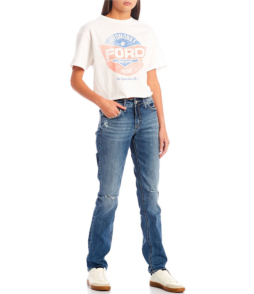 Silver Jeans Co. Elyse Mid Rise Distressed Power Stretch Straight Jeans