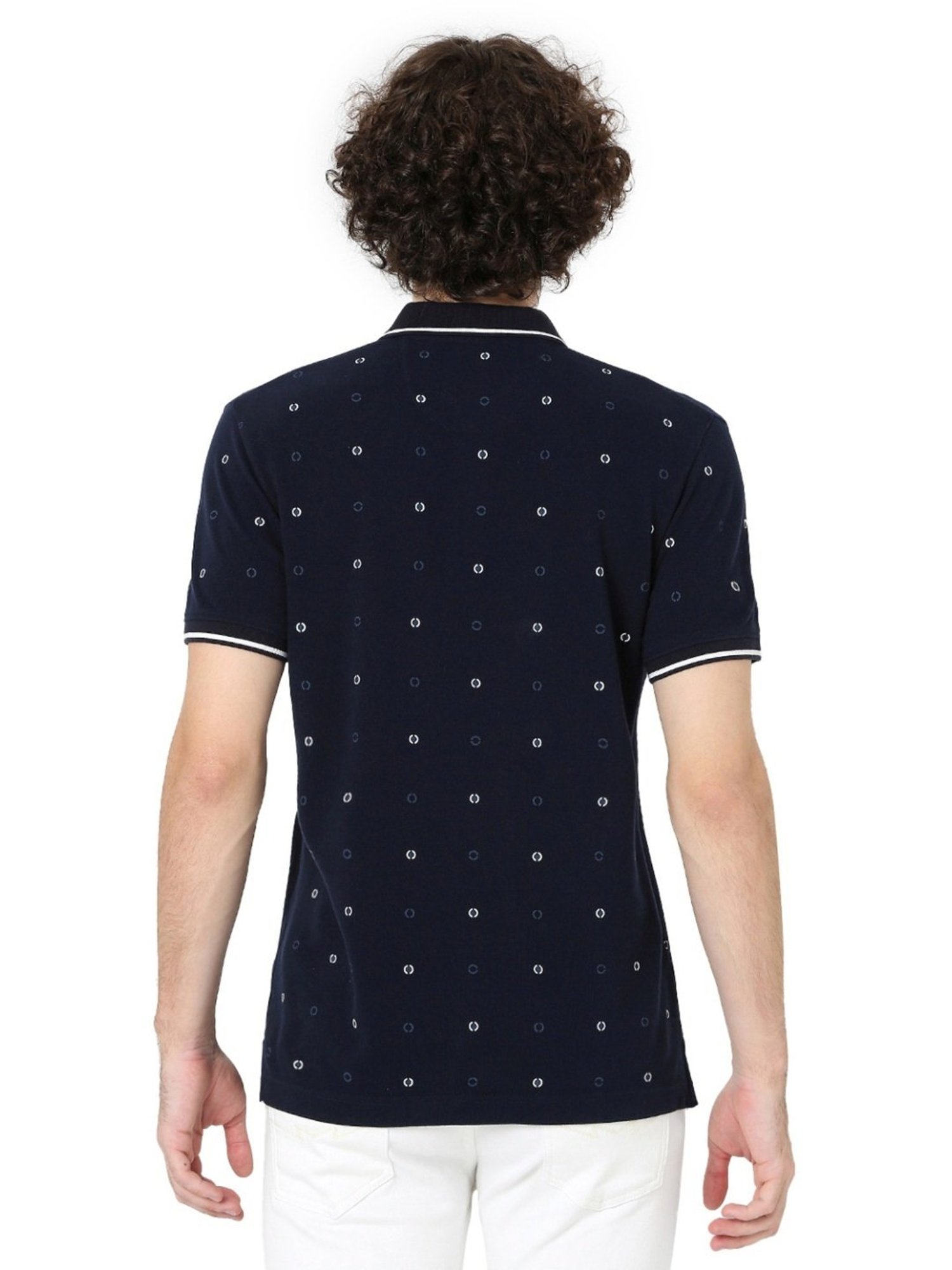 Mufti Blue Cotton Slim Fit Printed Polo T-Shirt