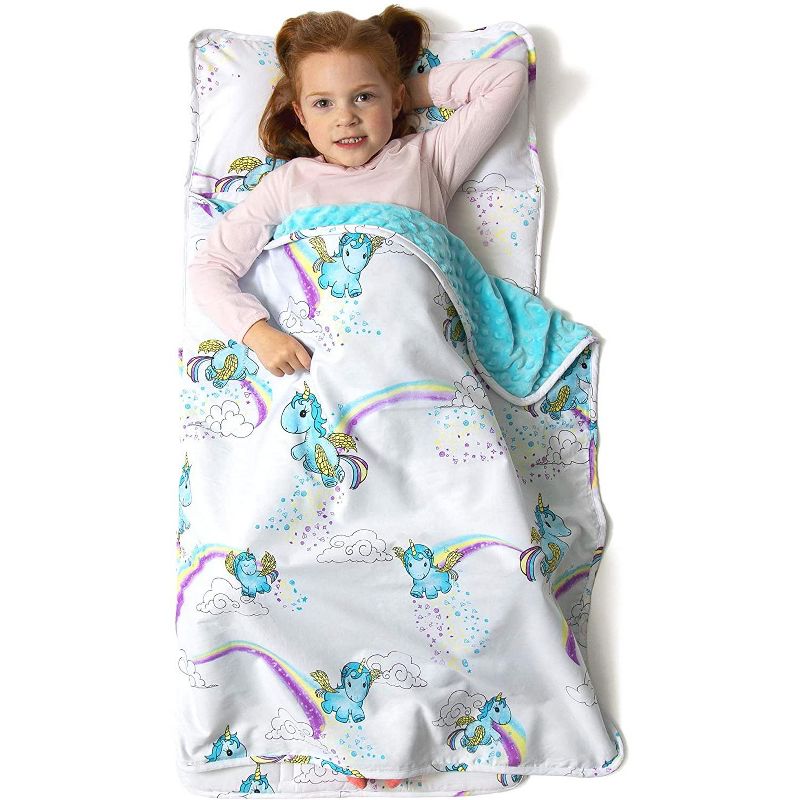 JumpOff Jo Toddler Nap Mat, Children's Sleeping Bag with Removable Pillow for Preschool, Daycare, and Sleepovers, 43 x 21 Inches, Unicorn Pixie Dust