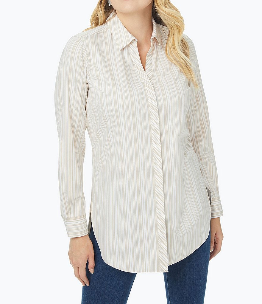 Foxcroft Plus Size Vera Point Collar Neck Long Sleeve Striped Shirt