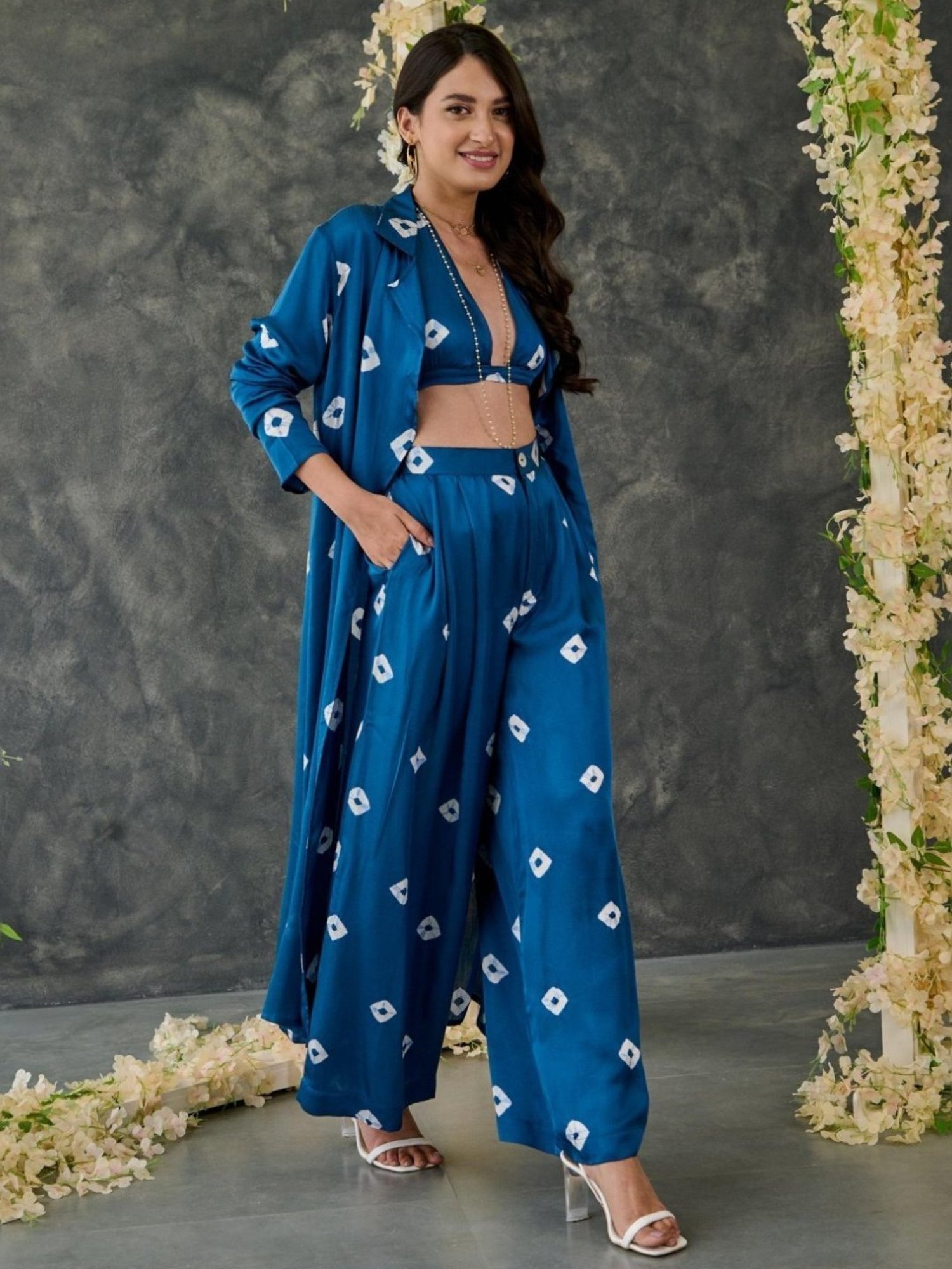 Gulaal Indigo Bandhani Modal Satin Shrug with Pant