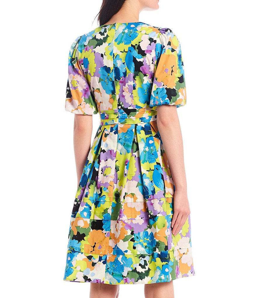 Donna Morgan Puff Sleeve Floral Print Stretch Cotton Poplin Fit & Flare Dress