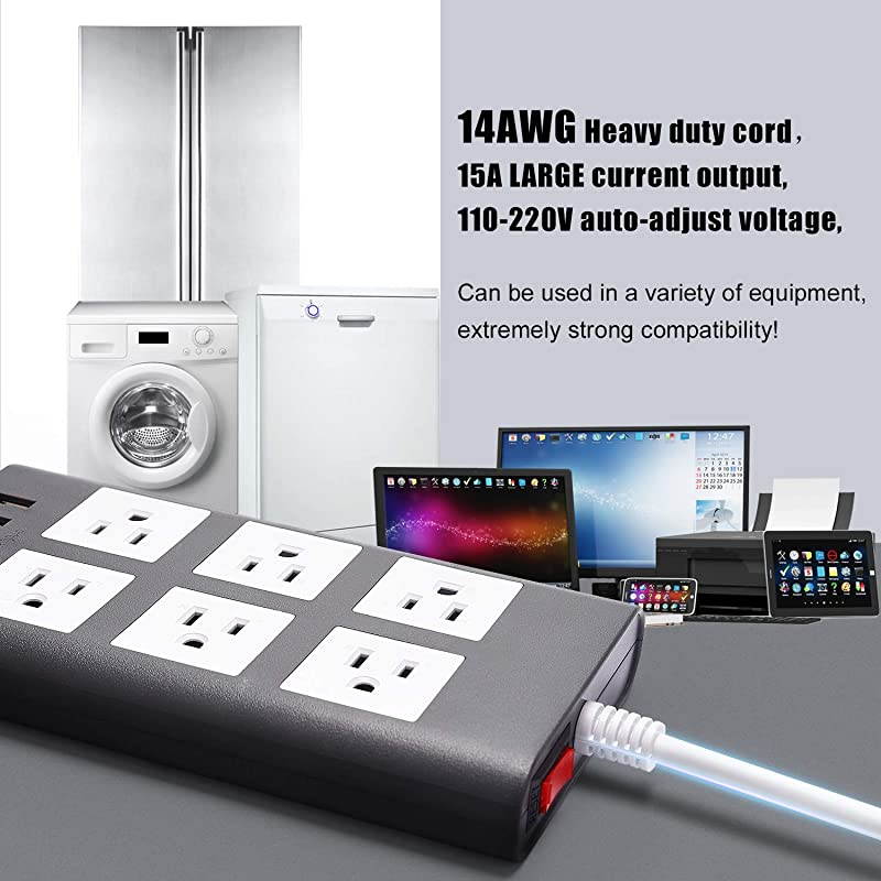 10ft 14AWG 15A Surge Protector Power Strip with USB  Heavy Duty Extension Cord Flat Plug 6Outlet 4 USB 24A Fast Charging 1080J for iPhone iPad Home Indoor Office Desktop Gray White