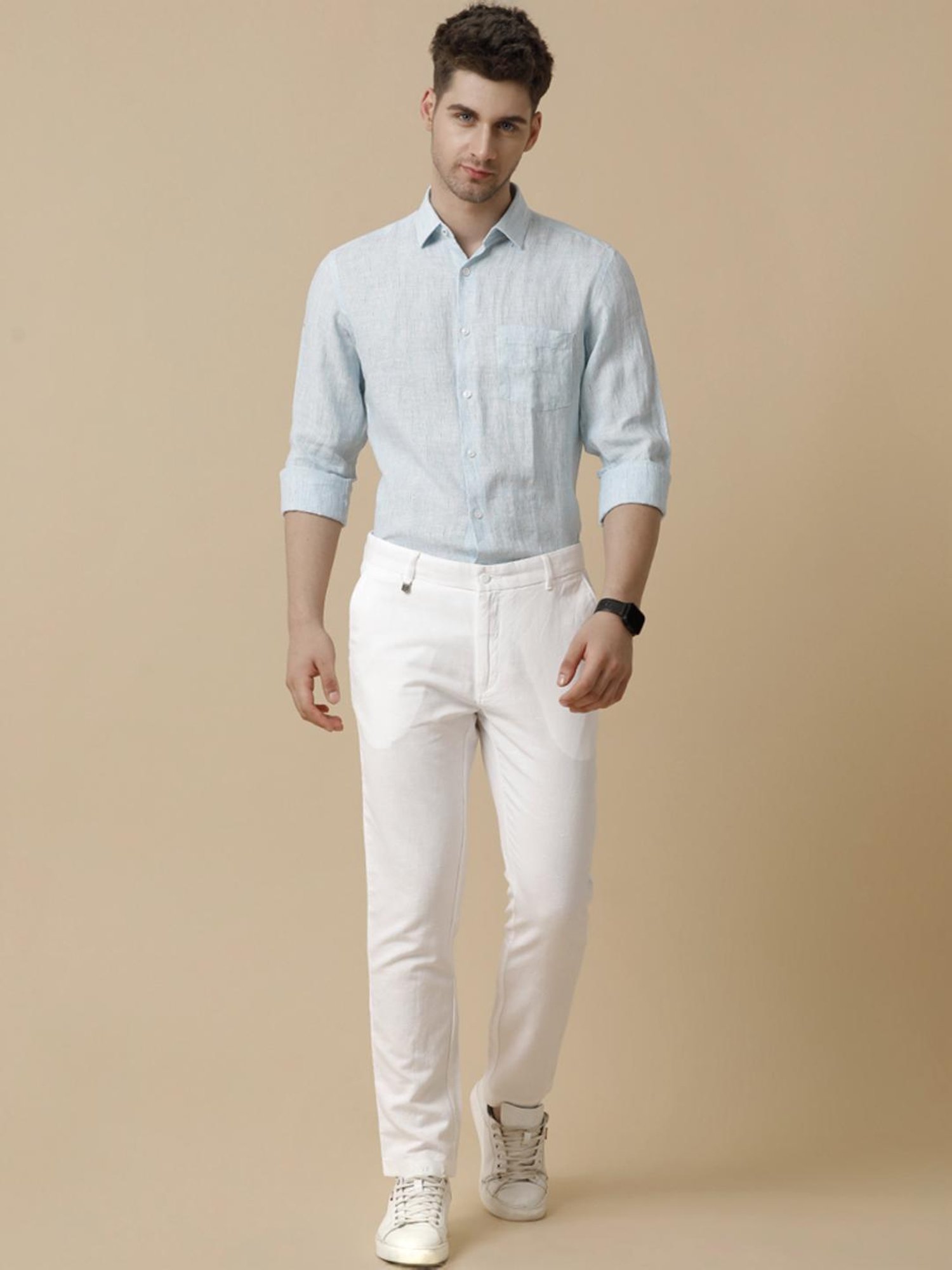 Linen Club Blue Linen Contemporary Fit Striped Shirt