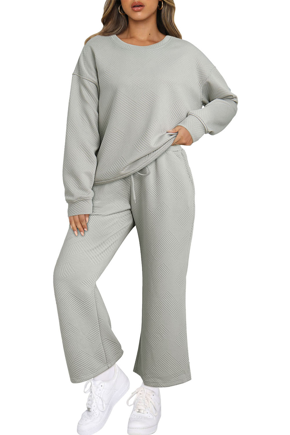 Gray Textured Loose Slouchy Long Sleeve Top and Pants Set